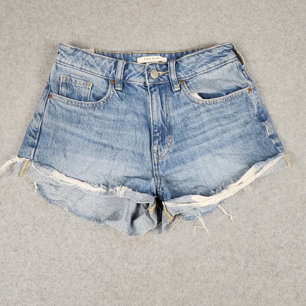 PacSun Mom Shorts Womens 24โ Blue Denim Cotton High Rise Medium Wash Raw Hem